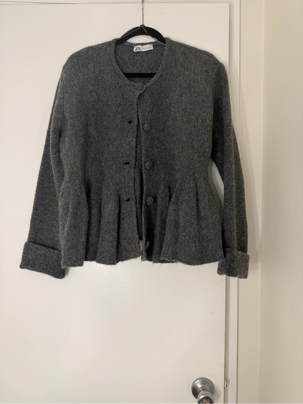 ZARA Charcoal Gray Pleated Hem Button-Front Cardigan
